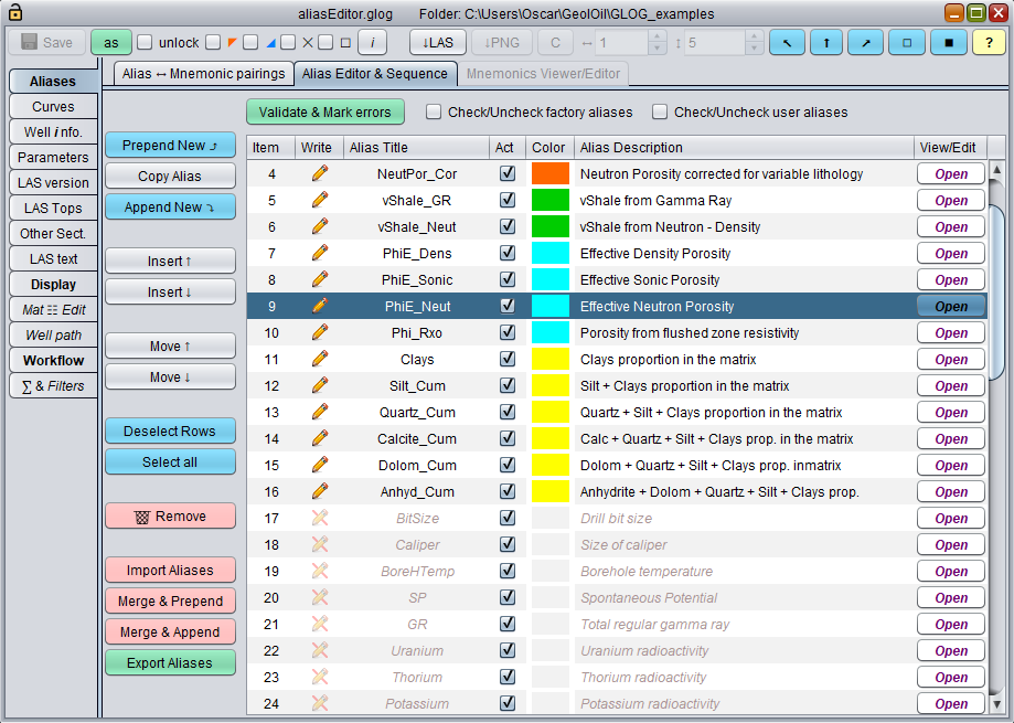 GeolOil aliases editor window