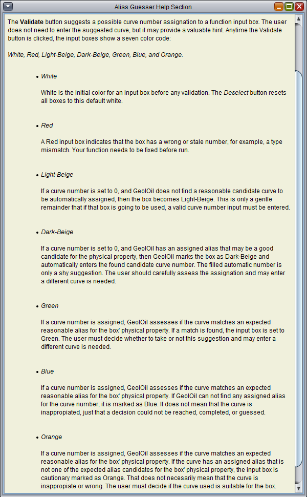GeolOil help window for curve number color codes