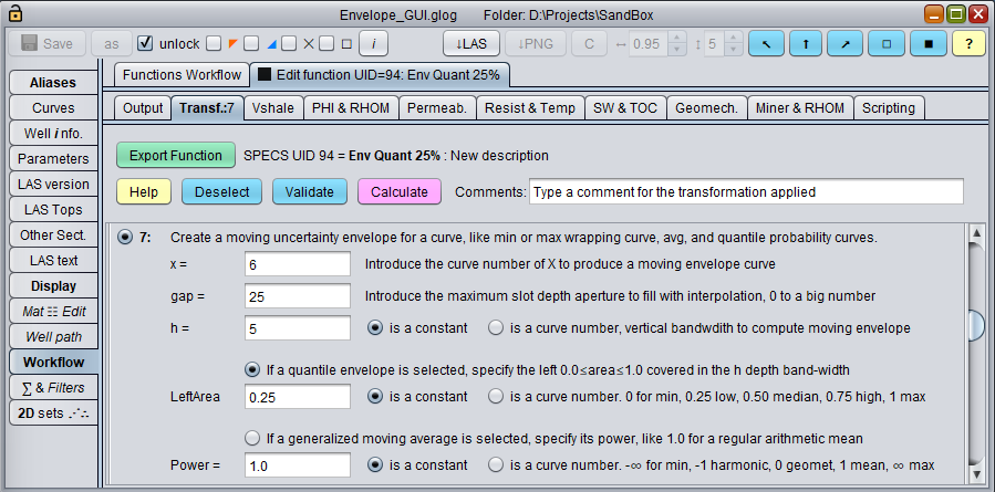 GUI Panel to compute uncertainty confidence curve bands for porosity core laboratory data