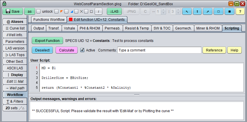 GeolOil Script to define constant parameters