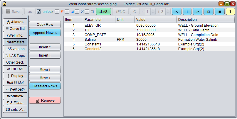 GeolOil Constant Parameters Section