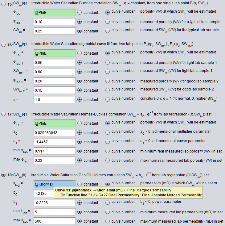 GeolOil software irreducible water saturation correlations panel