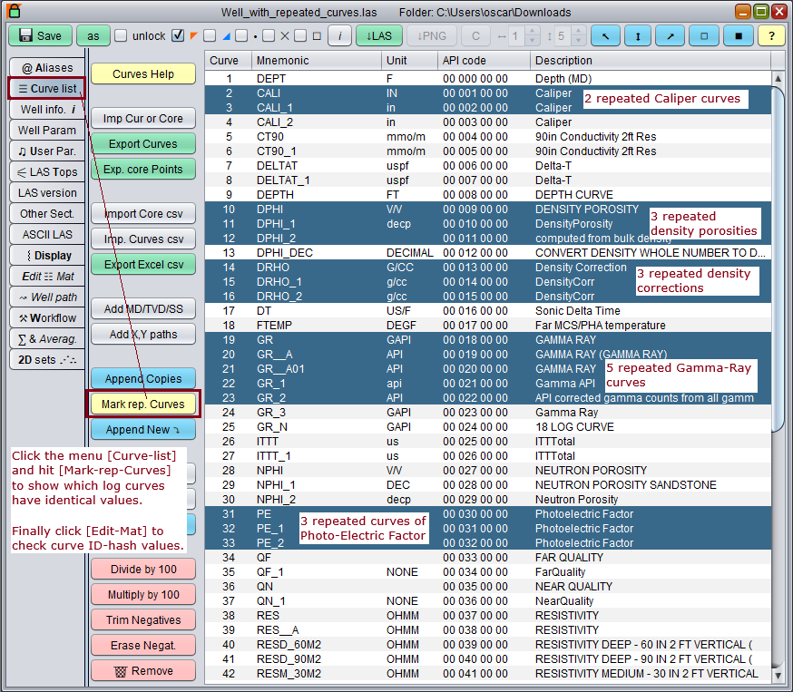 GeolOil shows repeated LAS log curves with the click of a button