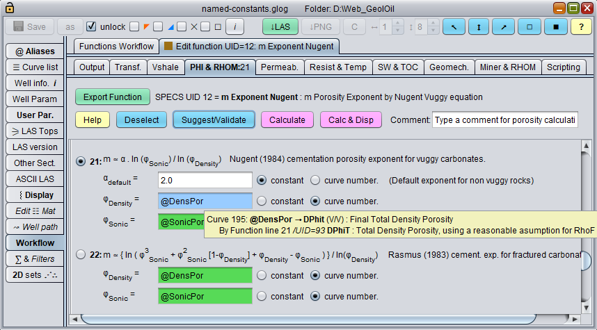 GeolOil Nugent equation calculation panel to estimate porosity cementation exponent from compressional and shear sonic log curves