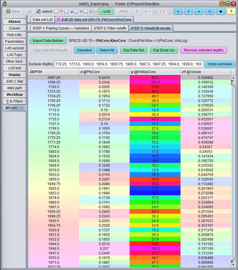 GeolOil core data selection panel