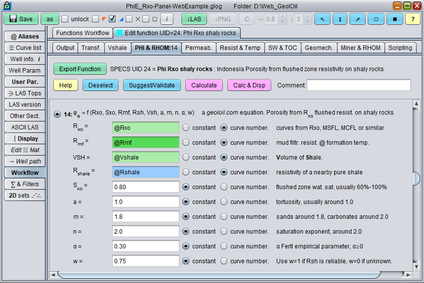 GeolOil sotware computation panel to estimate porosity for flushed zone, invaded resistivity in shaly sands.