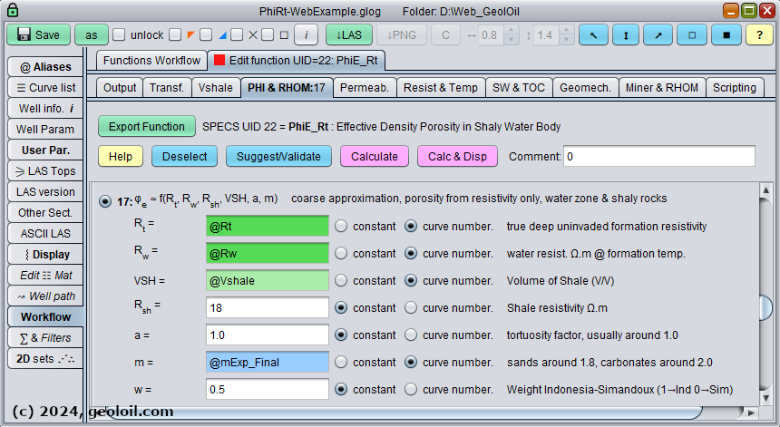 GeolOil Software calculation panel to estimate Effective Porosity from Resistivity in a Water Body. (c) 2024, geoloil.com