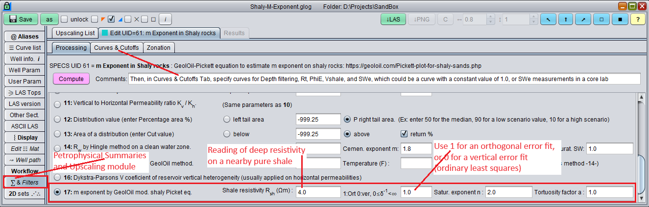 GeolOil panel to compute the M porosity cementation exponent for shay rocks