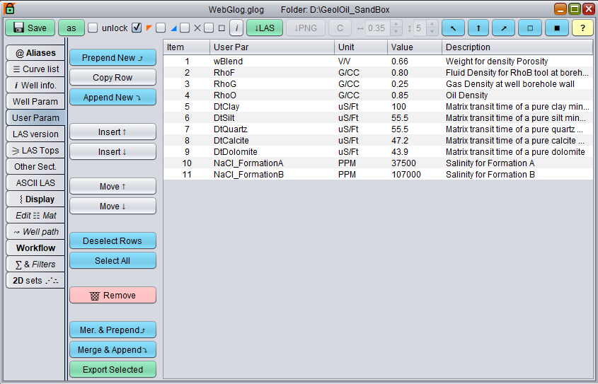 GeolOil User Parameters Constant Section