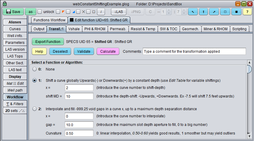 GeolOil GUI panel to shift Gamma Ray curve 2 by 10 ft.