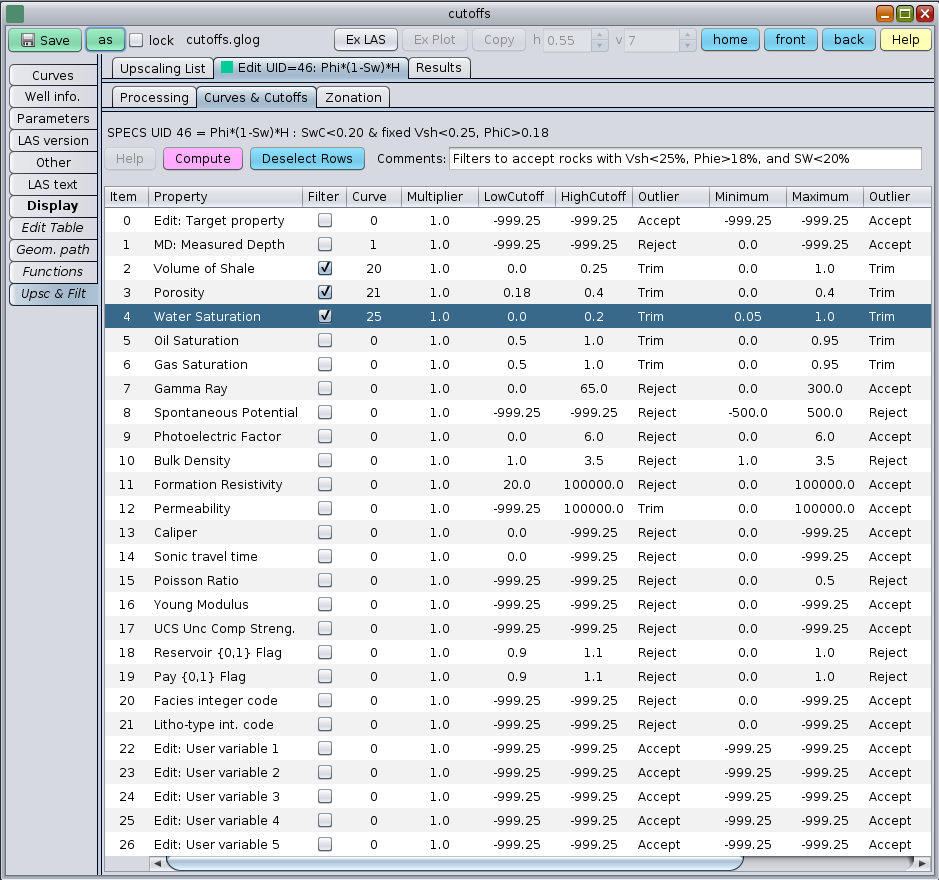 GeolOil Upscaling Curves and Cutoffs Tab