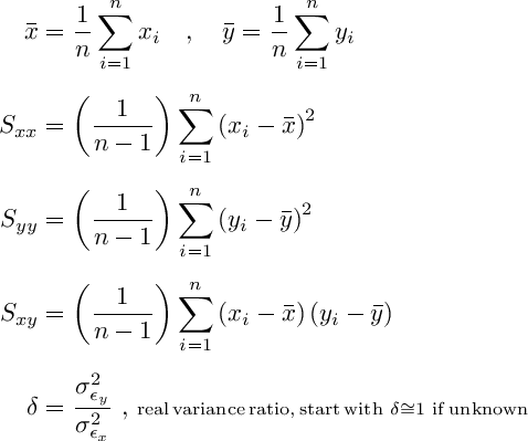 Paramters on a Deming linear orthogonal regression