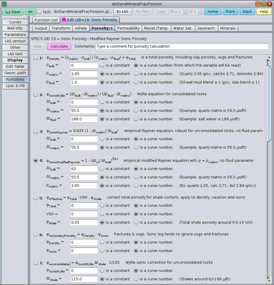 Porosity panel equations for density porosity, Wyllie sonic porosity, Raymer sonic porosity, Modified Raymer sonic porosity, effective porosity, secondary porosity, and porosity for unconsolidated rocks