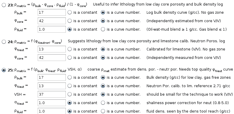 Functions Panel shows how to estimate grain density RHOM from bulk density and neutron porosity curves