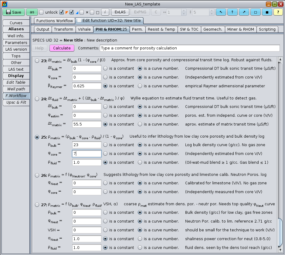 GeolOil panel to compute matrix properties from core and log curves