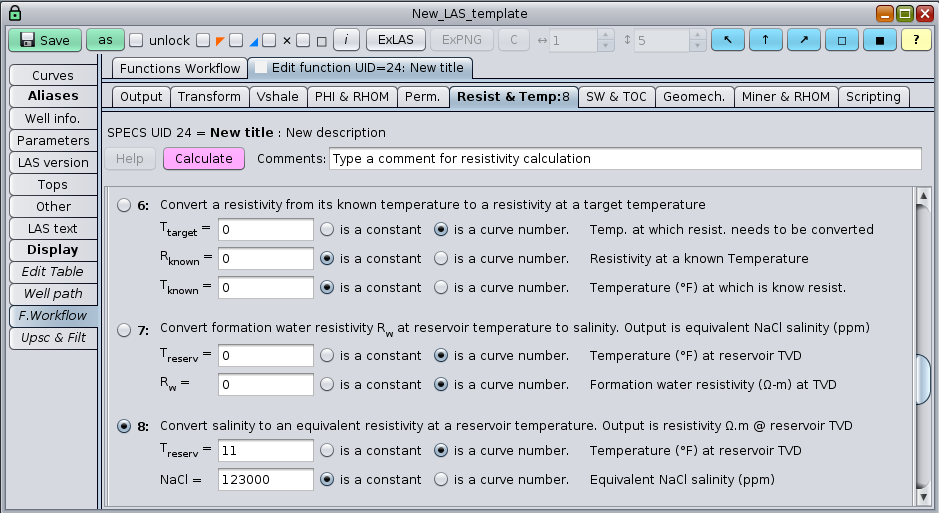 GeolOil software panel for water salinity and Rw conversions