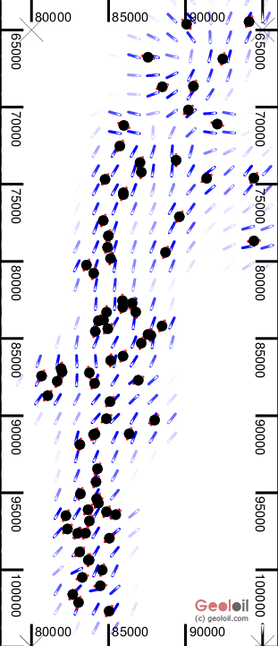 Map with estimated directions of the minimum horizontal stress