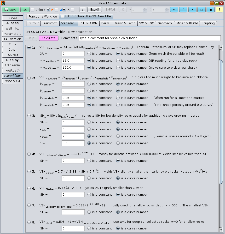 GeolOil Panel with several equations to estimate VSH