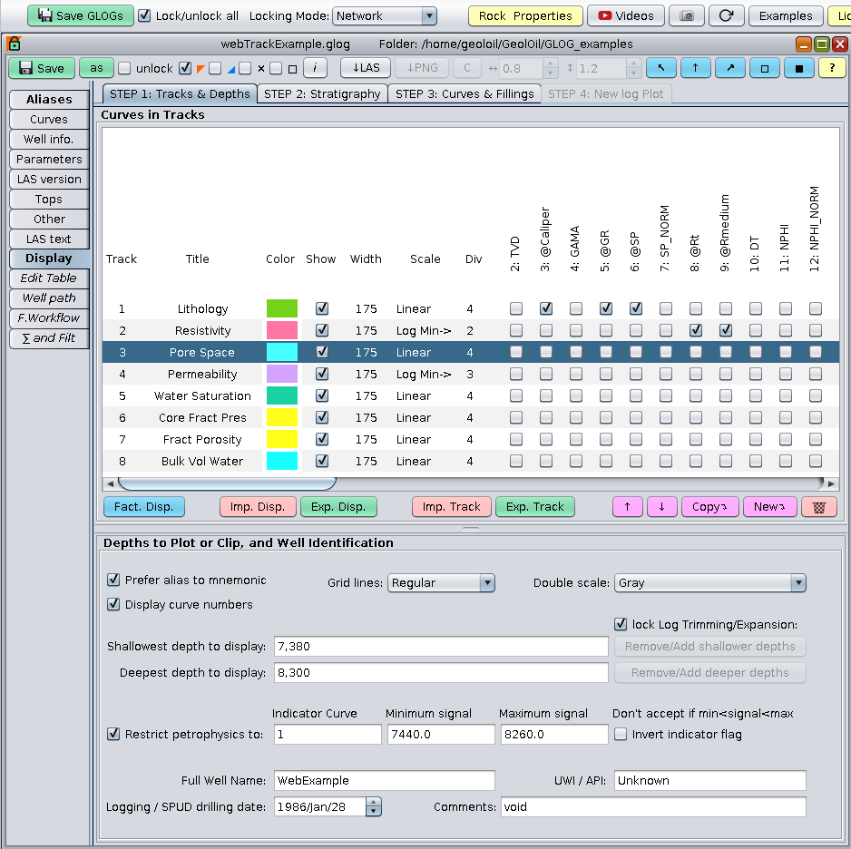 GeolOil GUI interface panel to edit log tracks