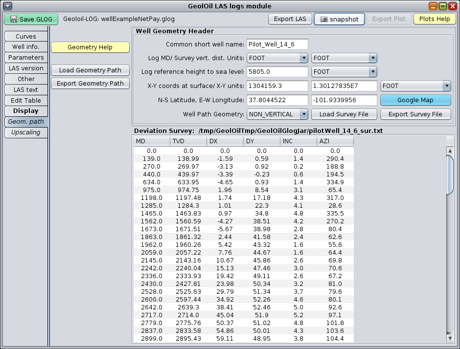 Well header geometry path with a directional survey file loaded into GeolOil.