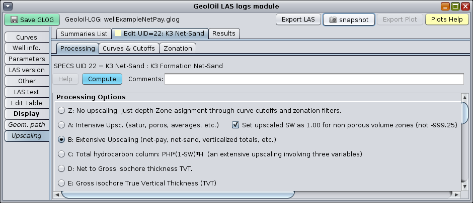 GeolOil processing panel showing upscaling algorithms.